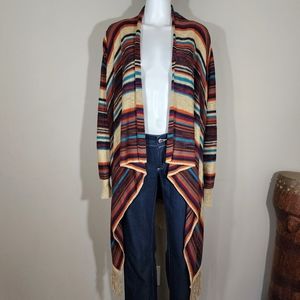 (EUC) SIGNATURE STUDIO Striped Fringed Long Waterfall Cardigan